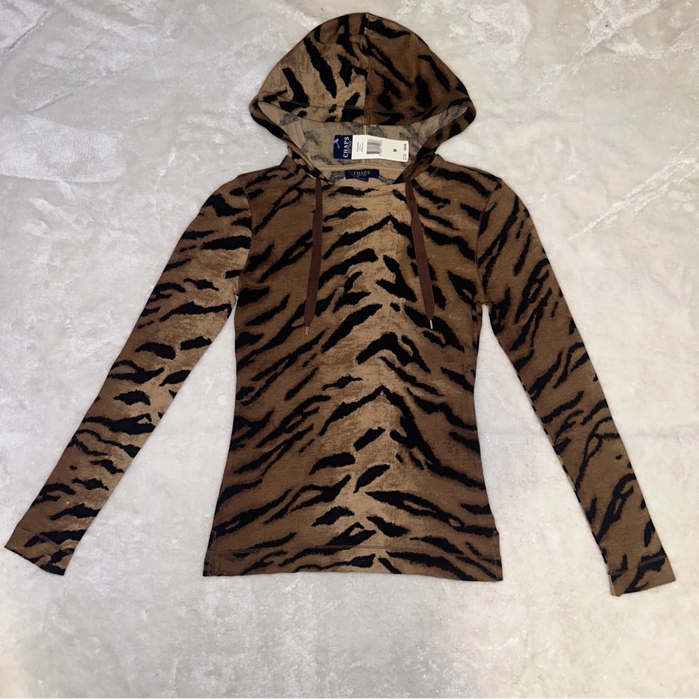 Chaps Brown & Black Tiger Animal Print Hoodie Size Medium NWT - Picture 3 of 11